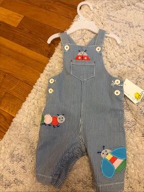 Baby Blue Stripe Overalls with Bug Appliqués